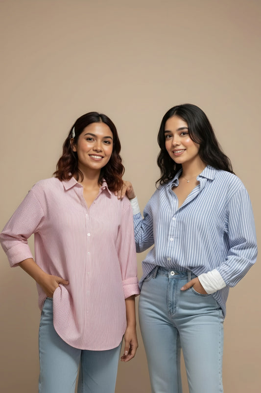 Korean Fit Blue & Pink Striped Shirts