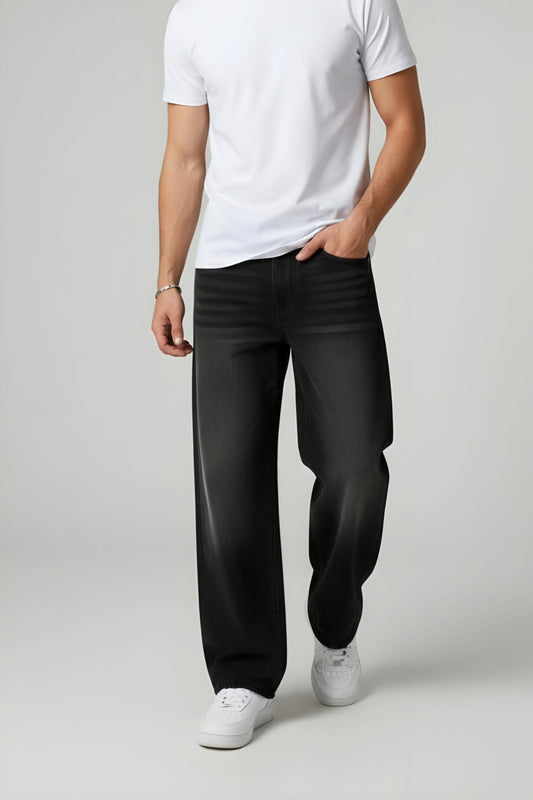 Mens Whisker Black Baggy Jeans
